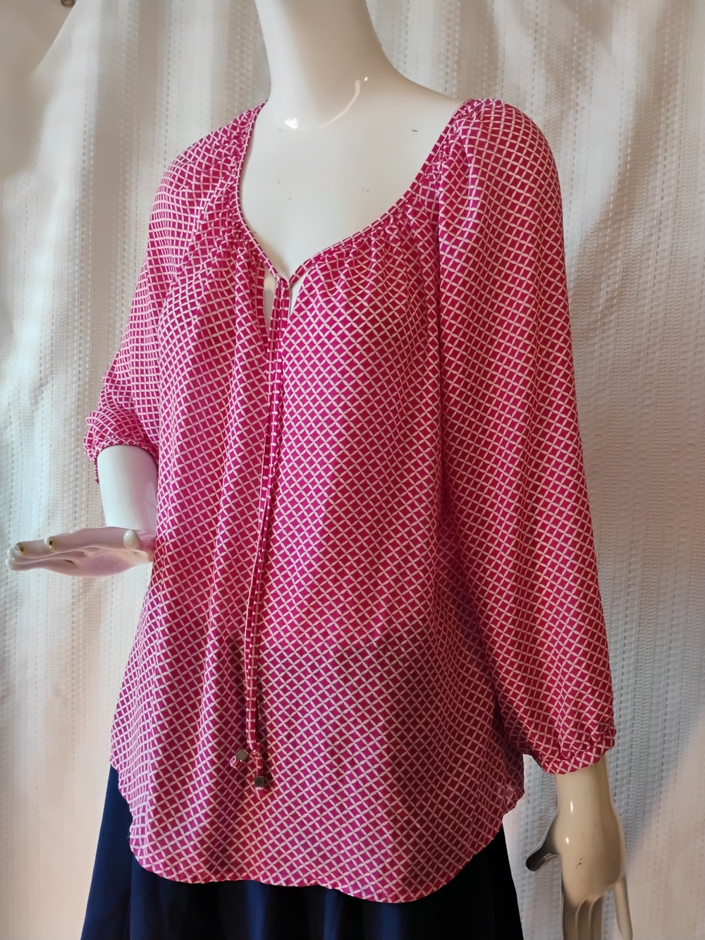a.n.a Pink Geometric Peasant Blouse with Tie Neck